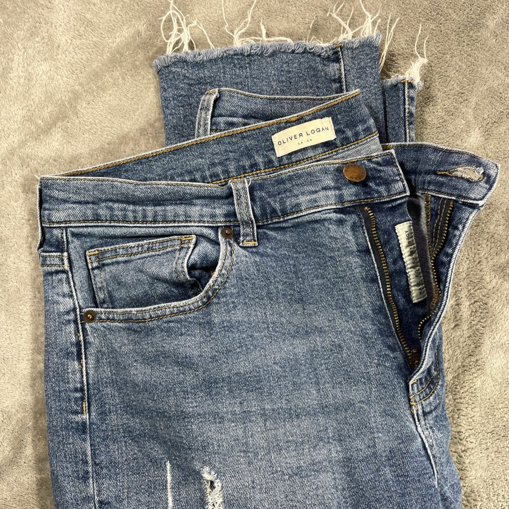 Oliver Logan Straight Leg Jeans Women 34 Blue High Rise‎ Raw Hem Distressed